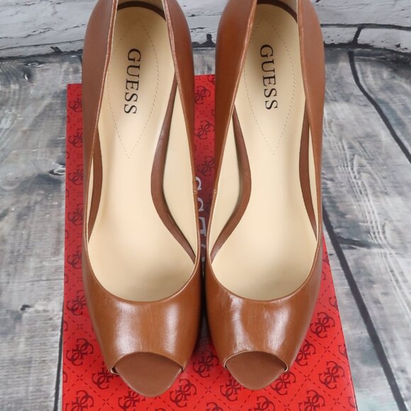 GUESS MEDIUM BROWN LEATHER OPEN TOE PLATFORM 5" PUMP SIZE 10 NEW WITH BOX - Picture 4 of 9